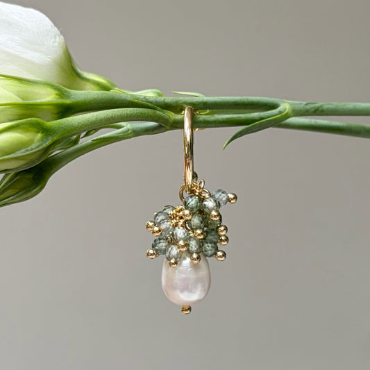 Mini Hoop Earrings With Ibiza Pearl & Sage Green Quartz Drops