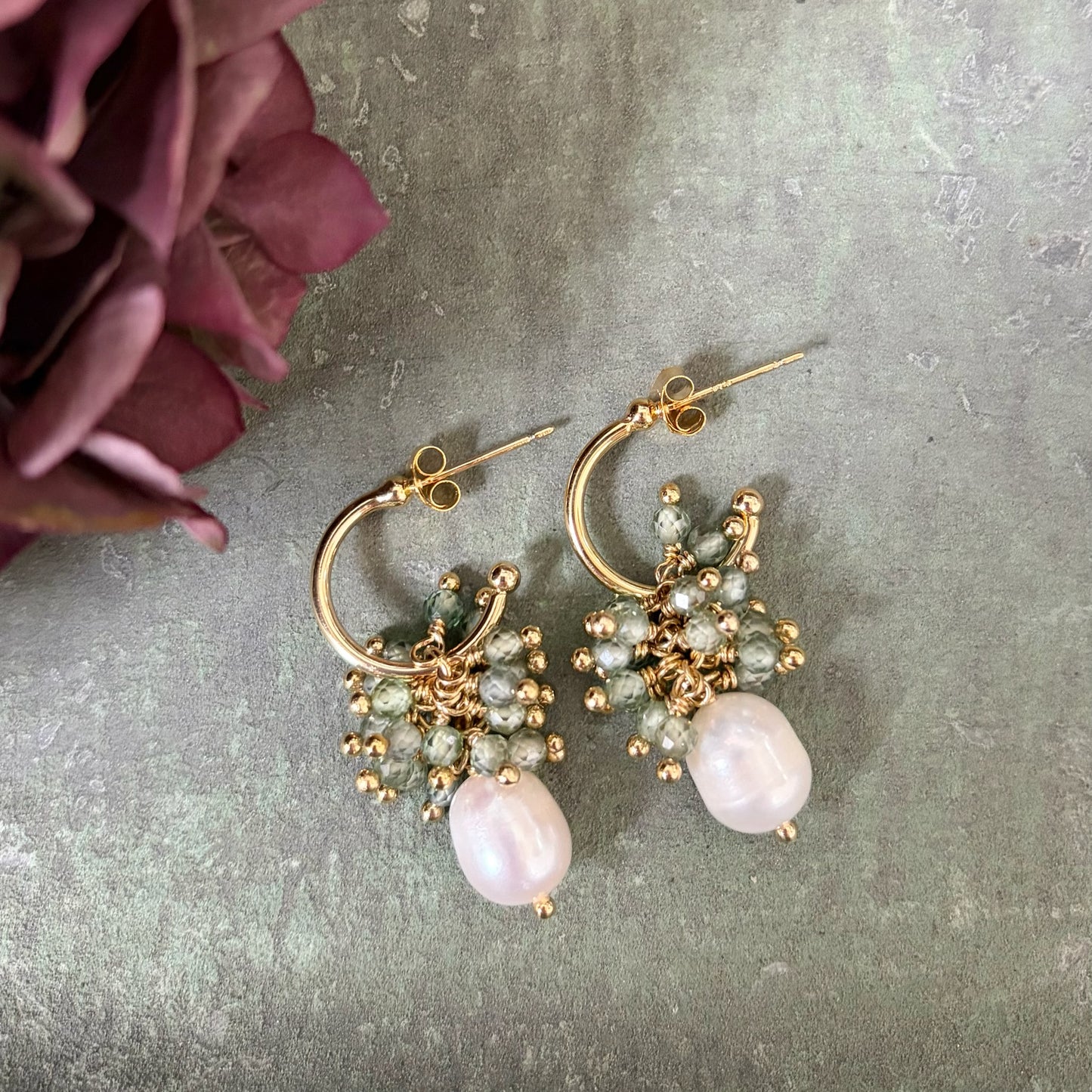 Mini Hoop Earrings With Ibiza Pearl & Sage Green Quartz Drops
