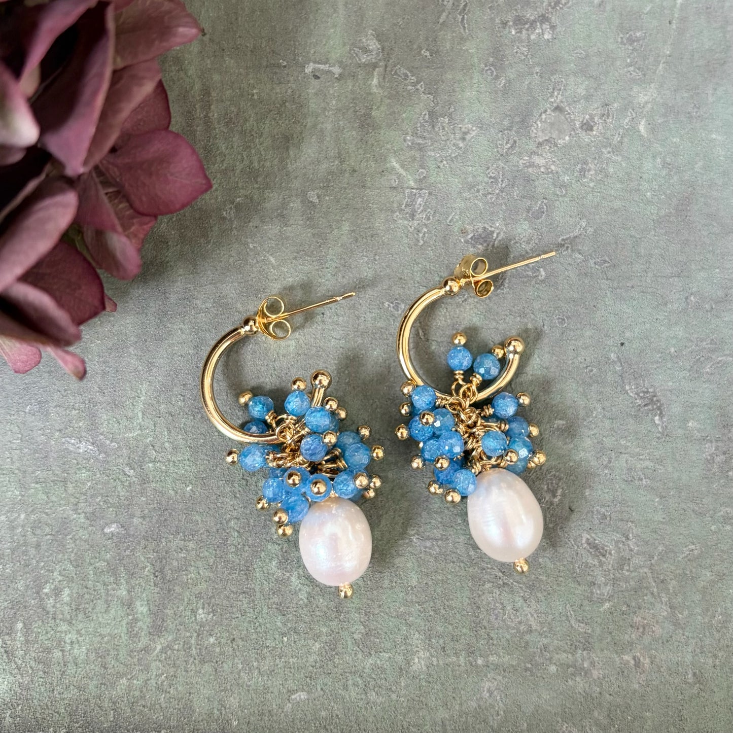 *Mini Hoop Earrings With Ibiza Pearl & Dark Cornflower Blue Kyanite Drops