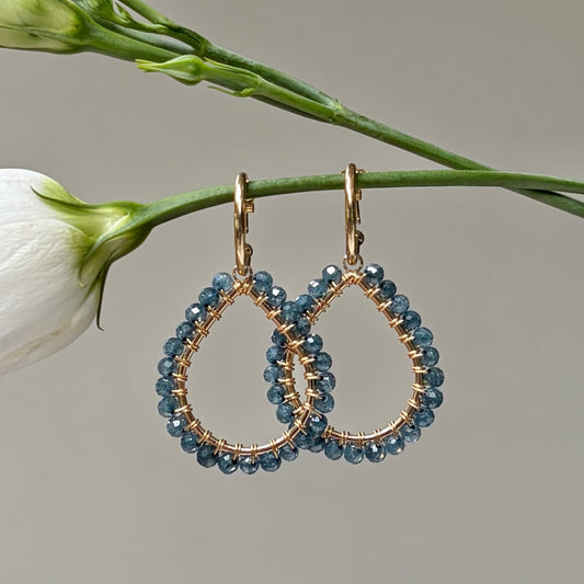 *Chunky Pale Denim Azurite Teardrop Earrings On Mini Hoops