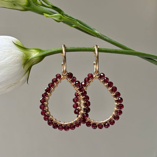 *Chunky Burgundy Garnet Teardrop Earrings On Mini Hoops