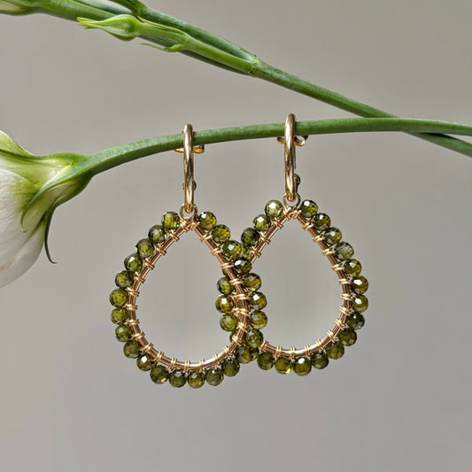 *Chunky Olive Green Peridot Teardrop Earrings On Mini Hoops