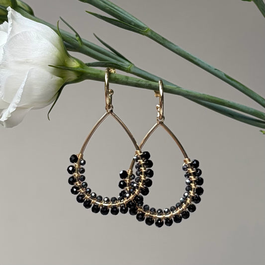 *Black Onyx & Charcoal Hematite 1/2 Teardrop Earrings On Hoops