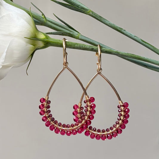 *Fuchsia Pink & Burgundy Garnet 1/2 Teardrop Earrings On Hoops