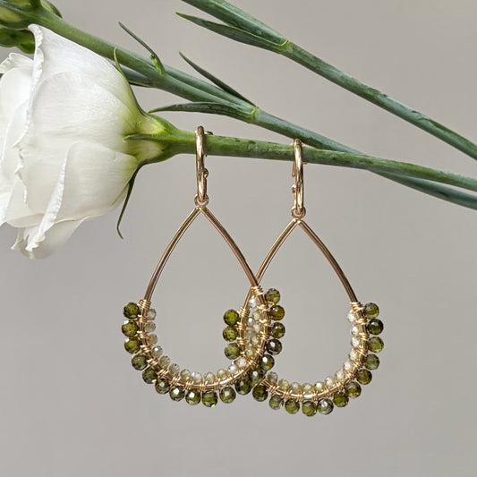 *Olive Green Peridot 1/2 Teardrop Earrings On Hoops
