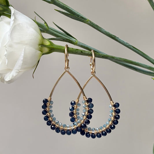 *Dark Denim Iolite & Pale Denim Azurite 1/2 Teardrop Earrings On Hoops