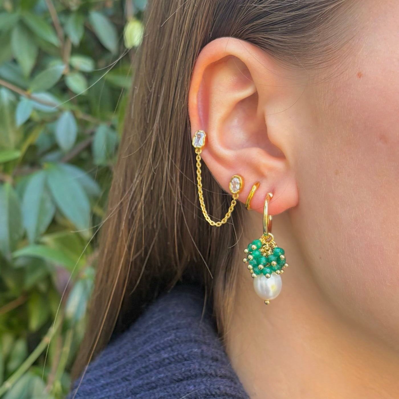 Mini Hoop Earrings With Ibiza Pearl & Mid Emerald Green Jade Drops