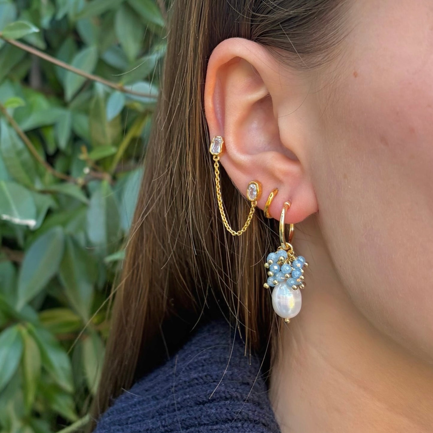 Mini Hoop Earrings With Ibiza Pearl & Pale Cornflower Blue Kyanite Drops