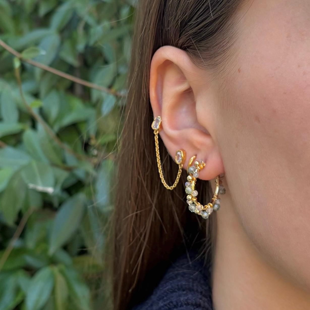 Sage Green Agate & Grey Labradorite Mini+ Bobble Hoop Beaded Earrings