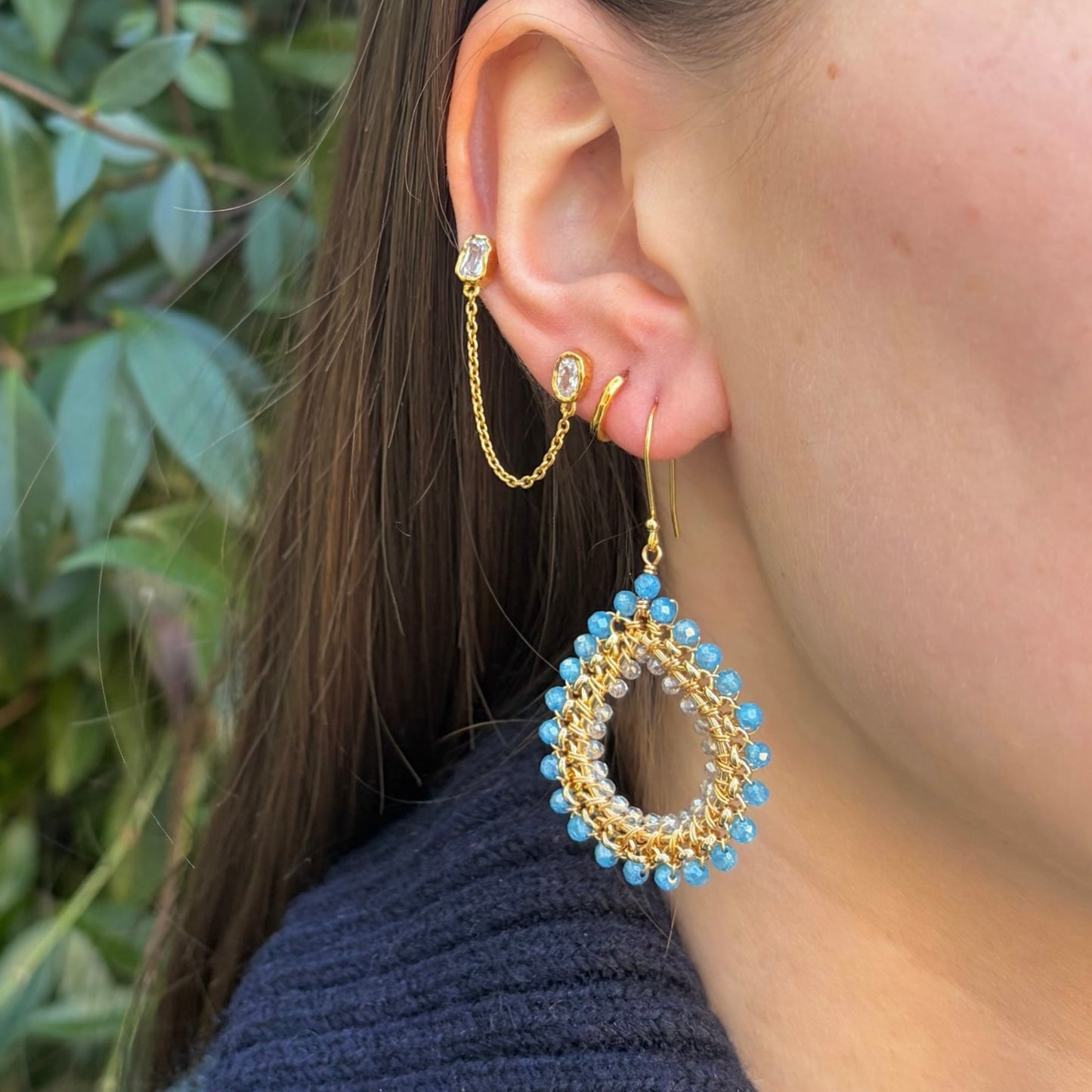 Dark Cornflower Blue Azurite & Crystal Medium Rolo Teardrop Beaded Earrings
