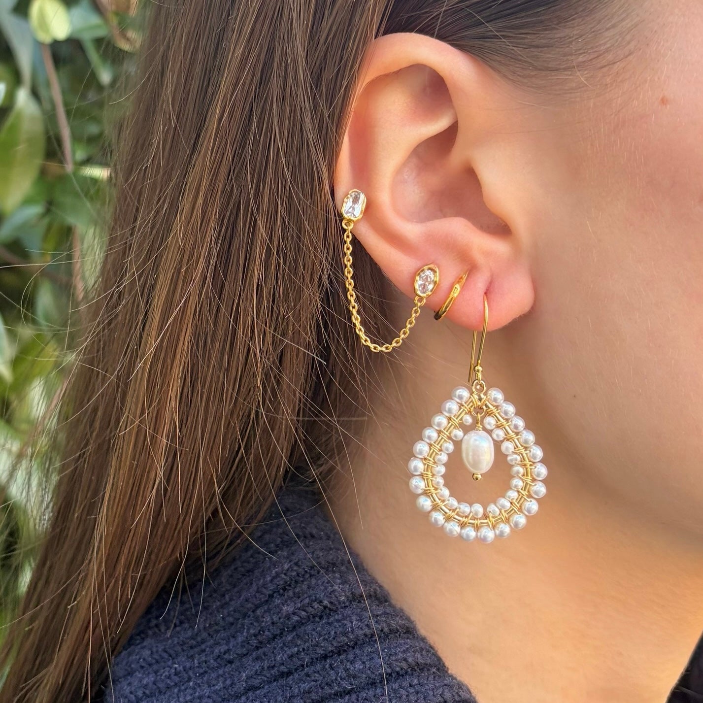 Freshwater Pearl Double Beaded Midi Teardrops With Pearl Drop