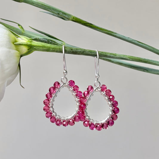 *Fuchsia Pink Garnet Mini Teardrop Earrings (Silver)