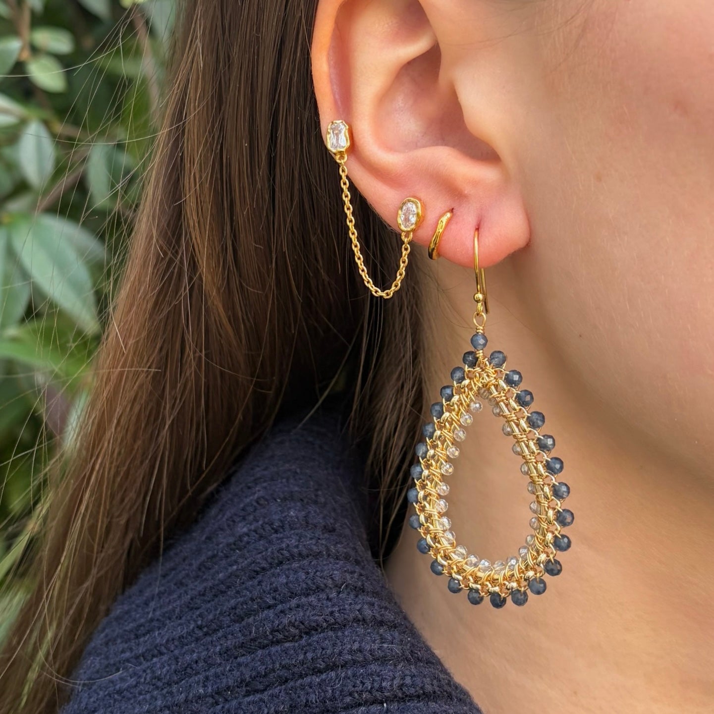 Dark Denim Blue Iolite & Crystal Maxi Rolo Teardrop Beaded Earrings