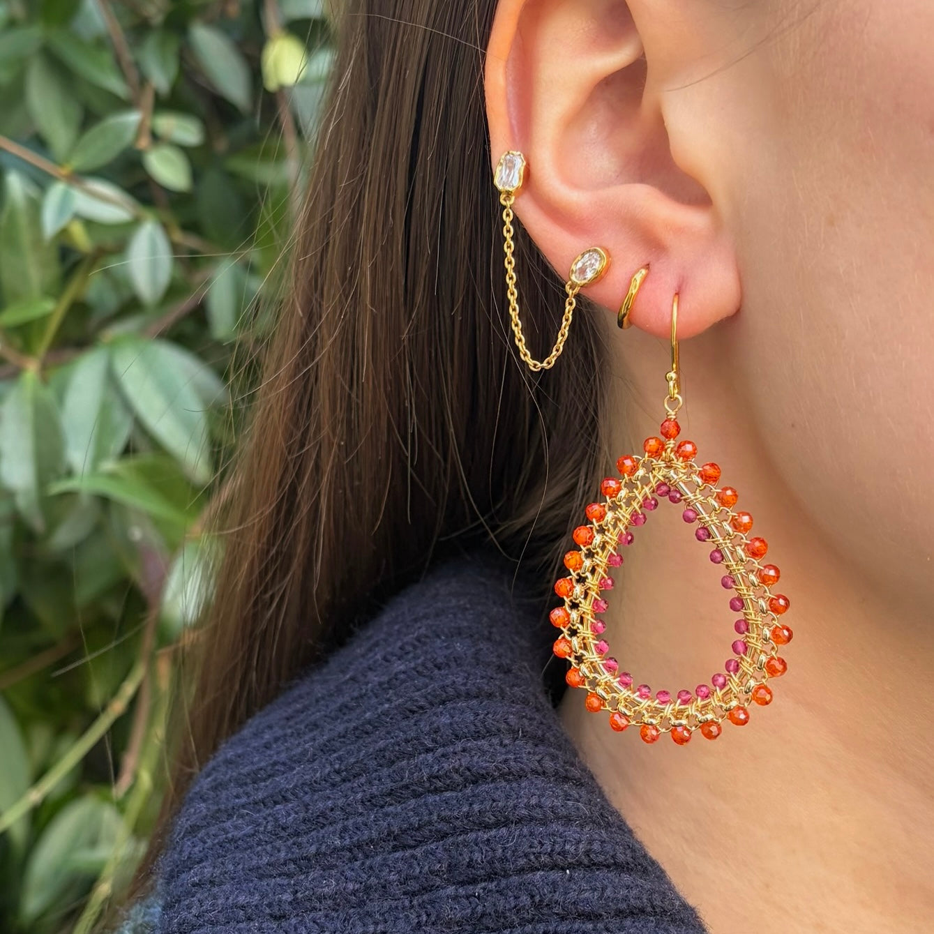 Orange Carnelian & Fuchsia Pink Garnet Maxi Rolo Teardrop Beaded Earrings