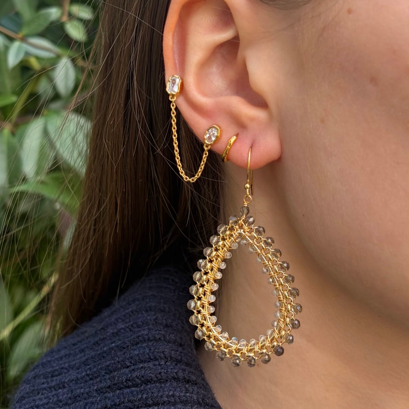 Taupe Agate and Grey Labradorite Maxi Rolo Teardrop Beaded Earrings