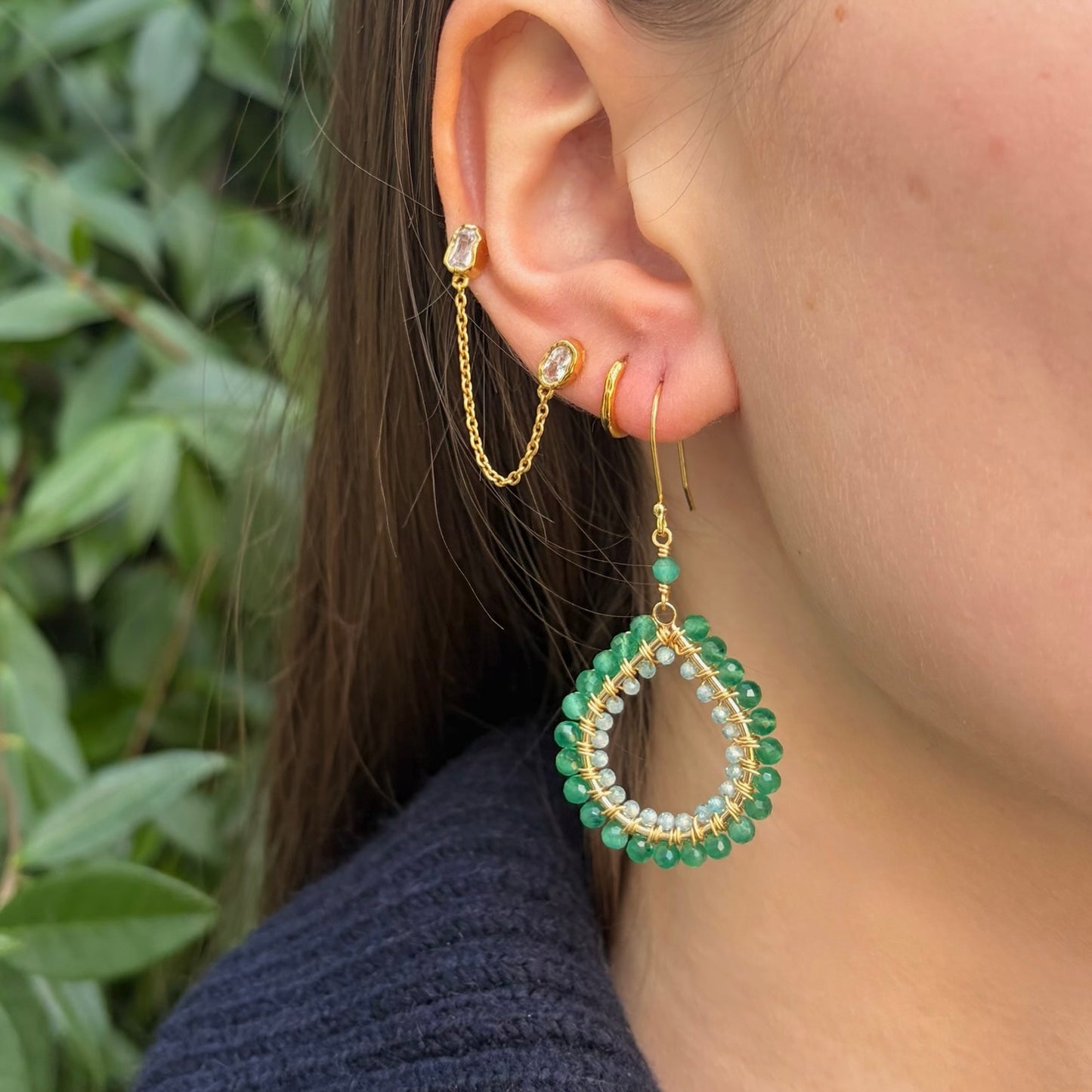 Apple Green Jade & Pale Mint Fluorite Double Beaded Midi Teardrop Earrings