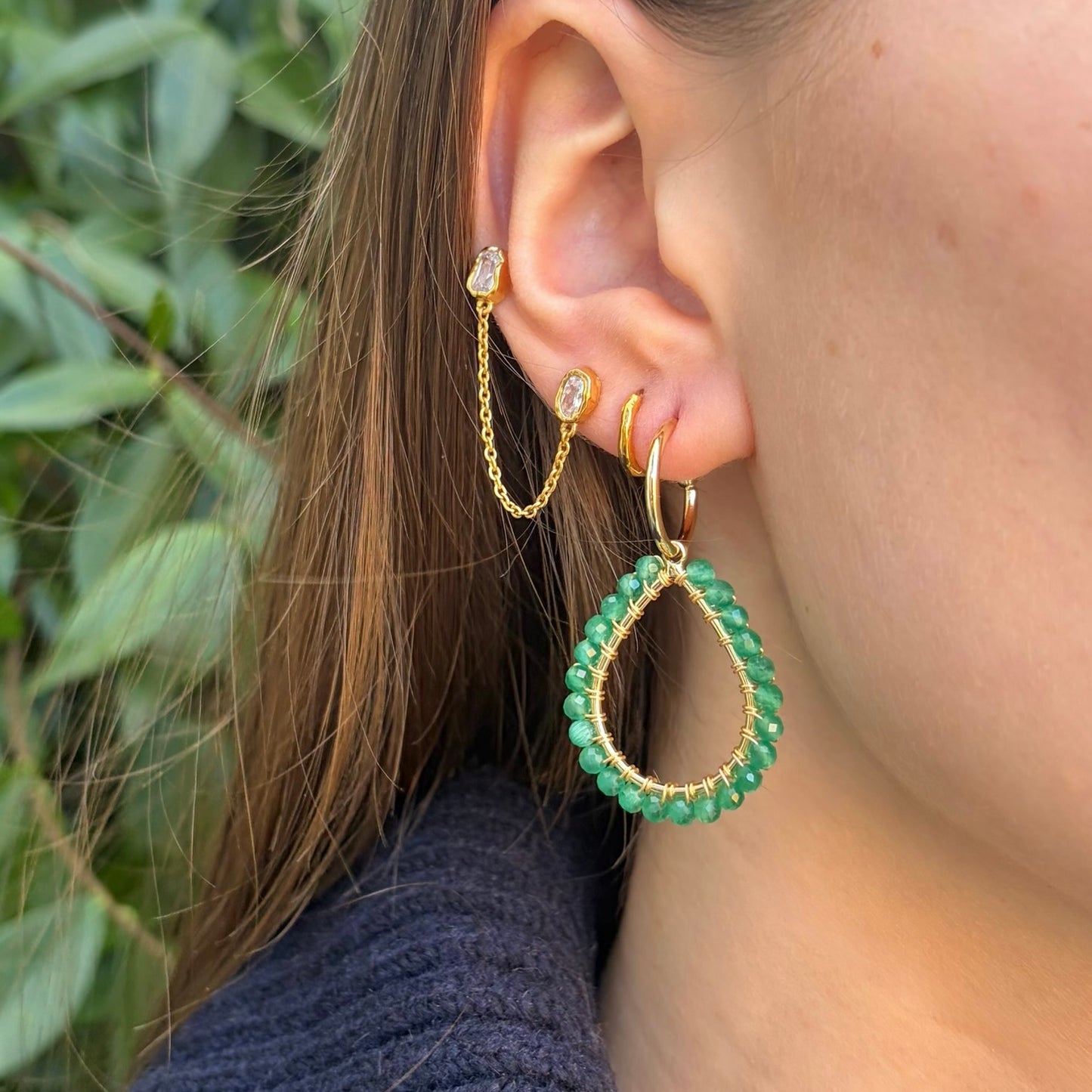 Chunky Apple Green Jade Teardrop Earrings On Mini Hoops