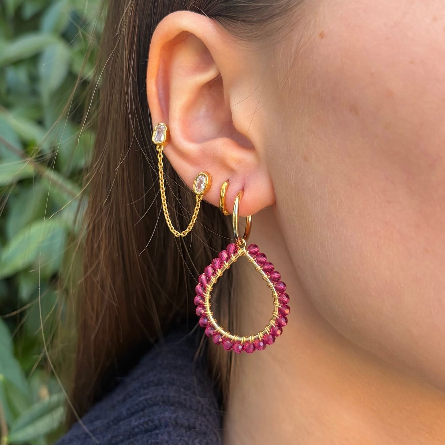 Chunky Fuchsia Pink Garnet Teardrop Earrings On Mini Hoops