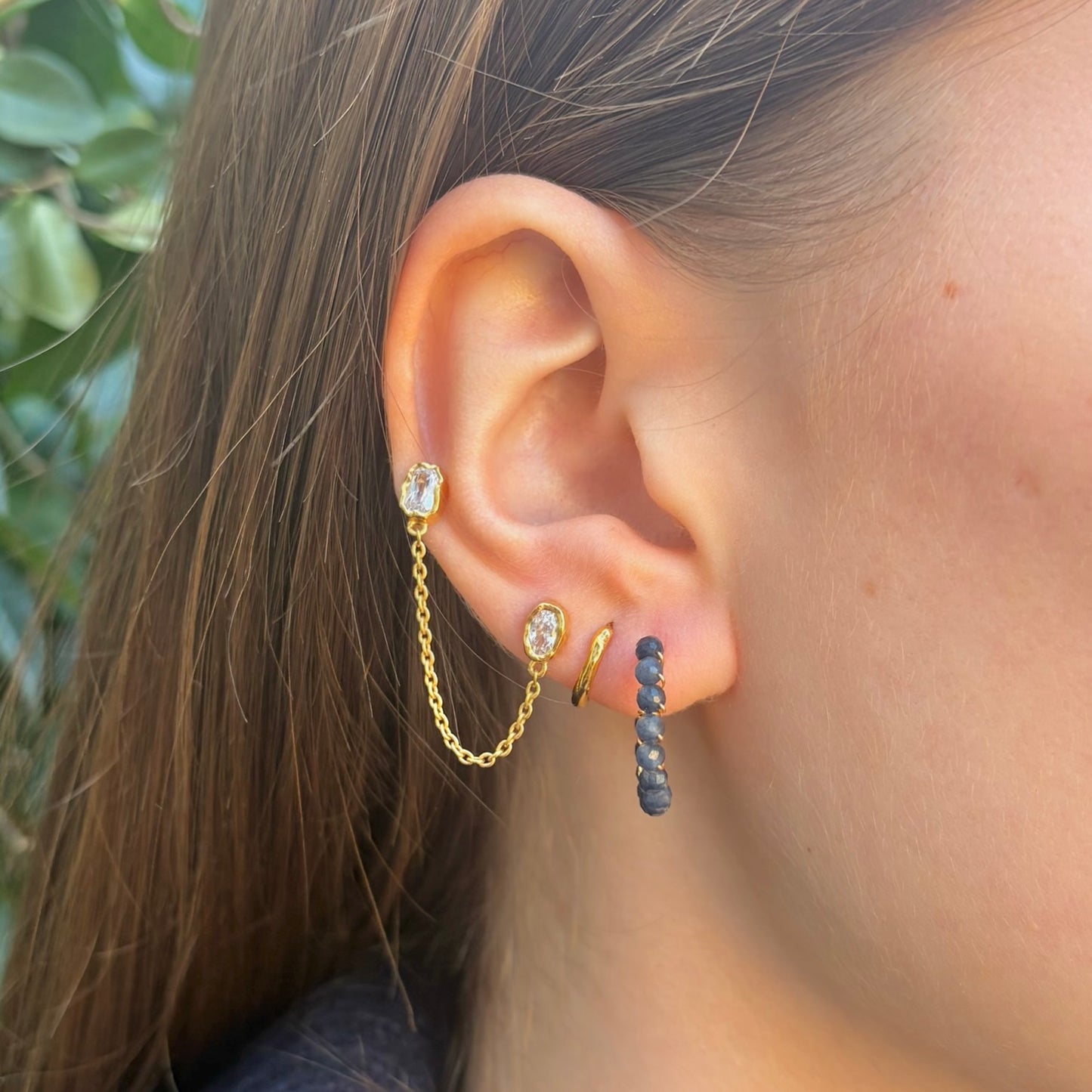 Chunky Dark Denim Blue Iolite Mini Hoop Beaded Earrings