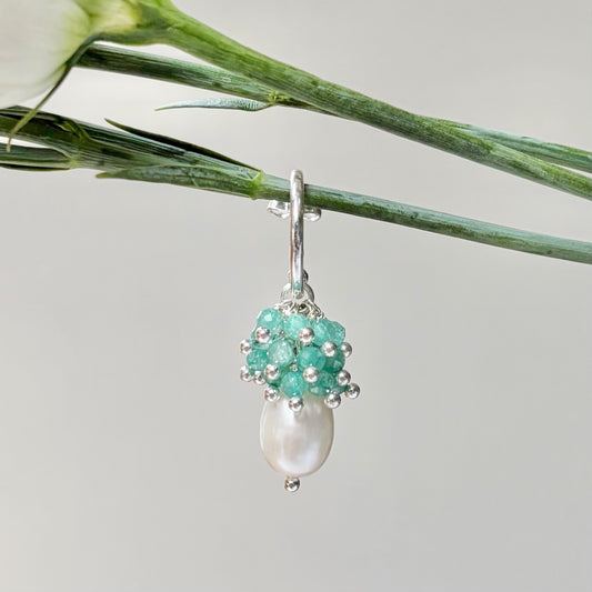 *Mini Hoop Earrings With Ibiza Pearl & Mint Green Jade Drops (Silver)