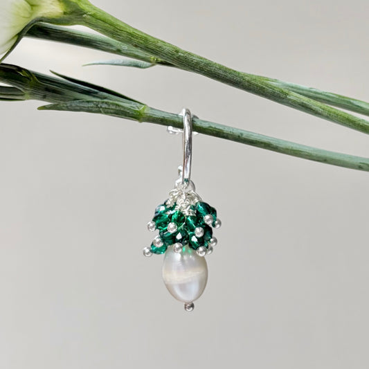 *Mini Hoop Earrings With Ibiza Pearl & Emerald Green Jade Drops (Silver)