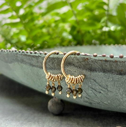 *Dark Olive Green Peridot 3-Bead Mini Hoop Earrings