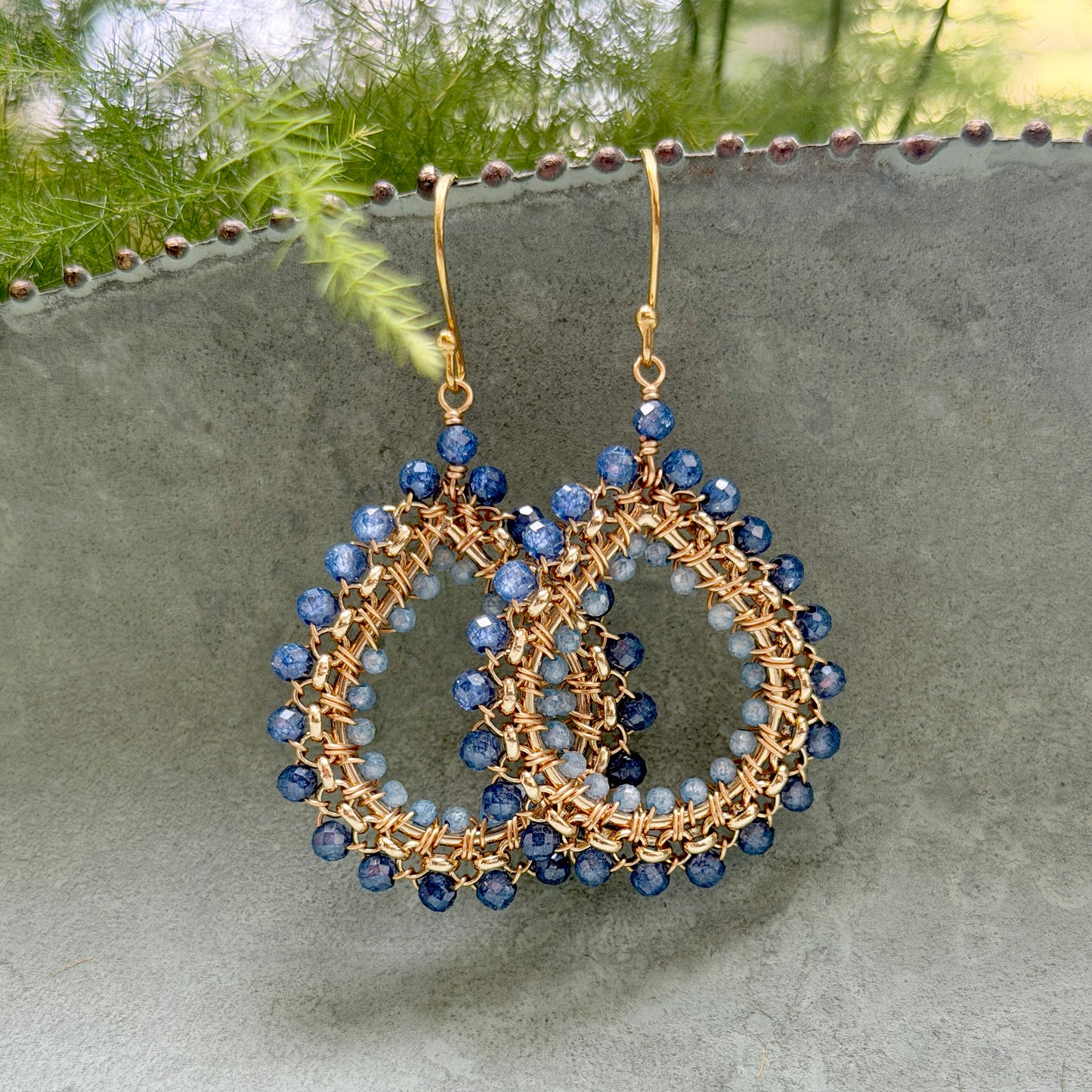 Royal Blue Azurite & Cornflower Blue Kyanite Medium Rolo Teardrop Beaded Earrings