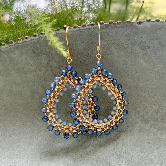 Royal Blue Azurite & Cornflower Blue Kyanite Medium Rolo Teardrop Beaded Earrings
