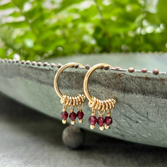 *Burgundy Garnet 3-Bead Mini Hoop Earrings