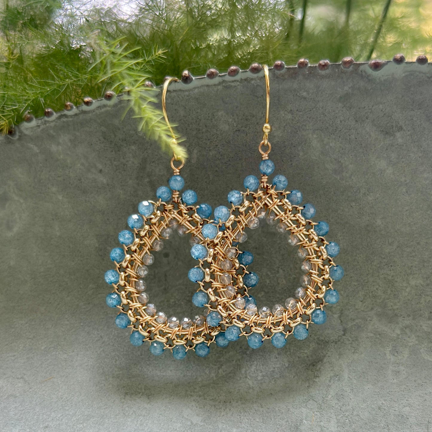 Dark Cornflower Blue Azurite & Crystal Medium Rolo Teardrop Beaded Earrings