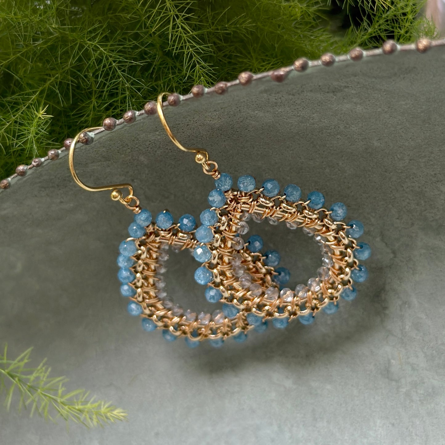 Dark Cornflower Blue Azurite & Crystal Medium Rolo Teardrop Beaded Earrings