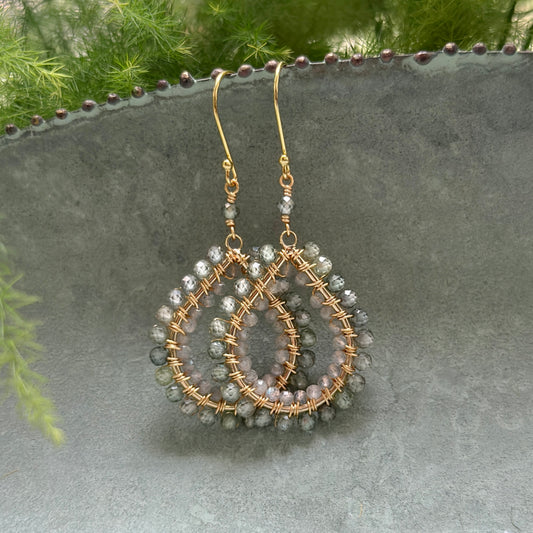 Sage Green Agate & Grey Labradorite Double Beaded Midi Teardrop Earrings