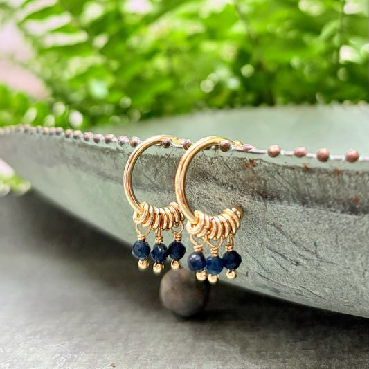*Dark Navy Iolite 3-Bead Mini Hoop Earrings