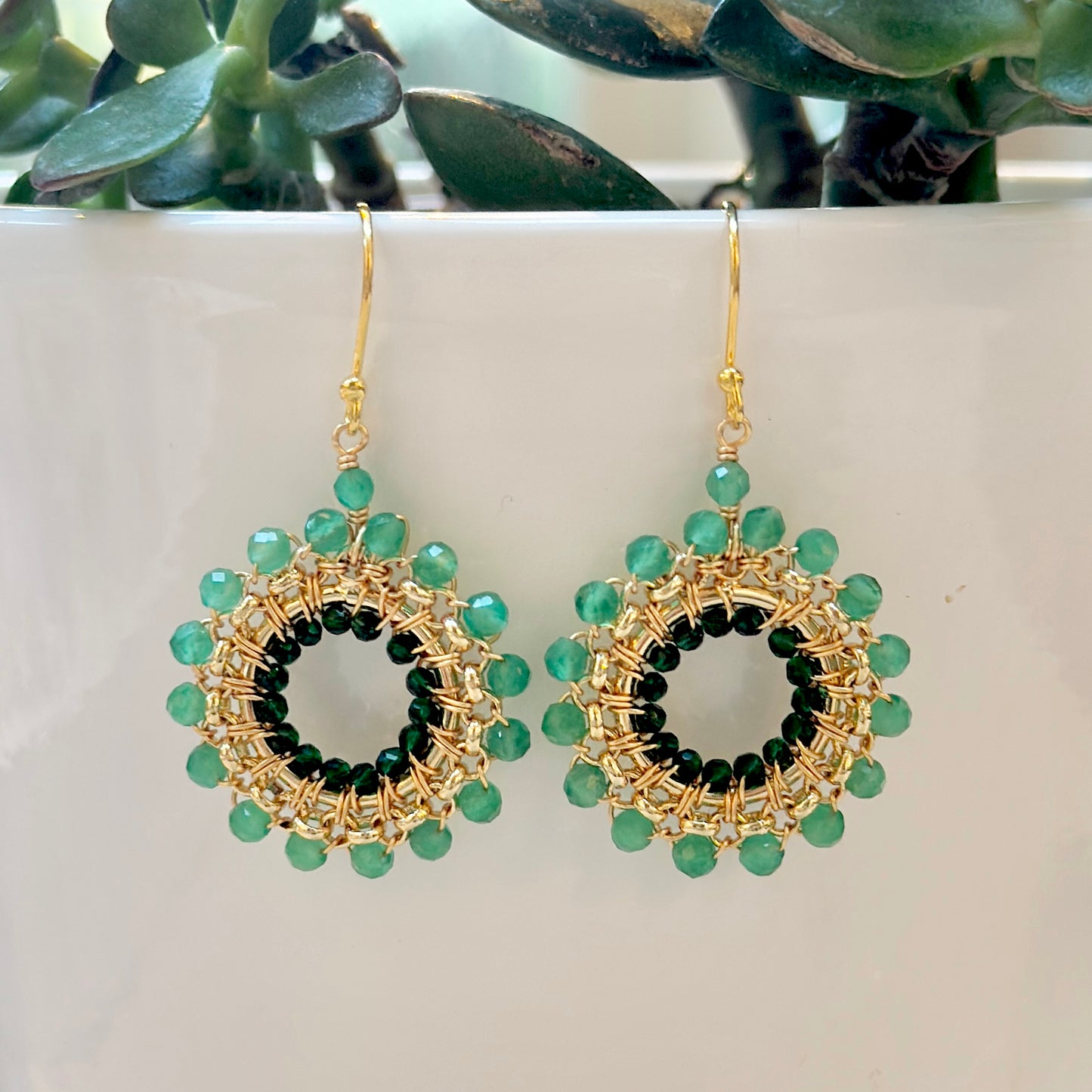 Apple Green Jade & Emerald Green Jade Rolo Round Beaded Earrings