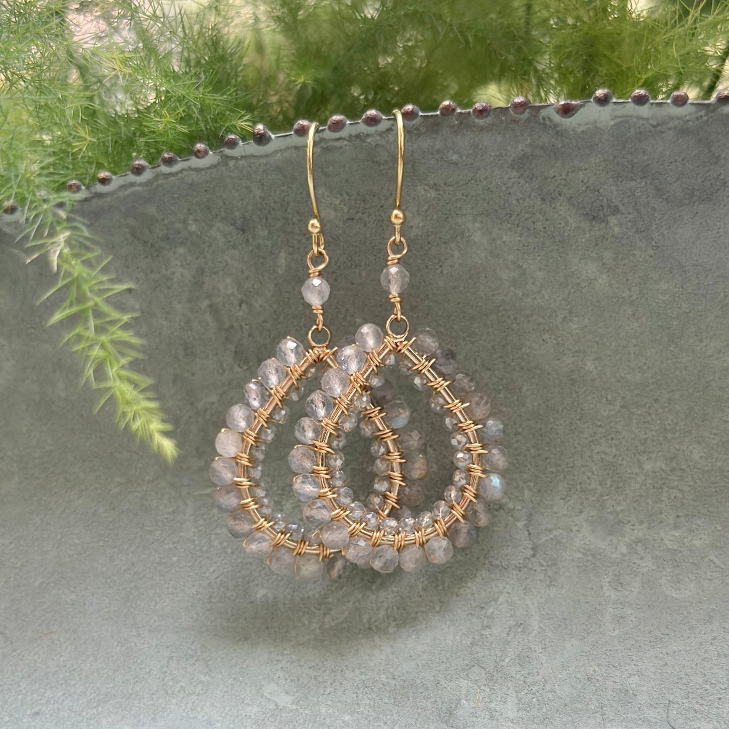 Grey Labradorite & Crystal Double Beaded Midi Teardrop Earrings