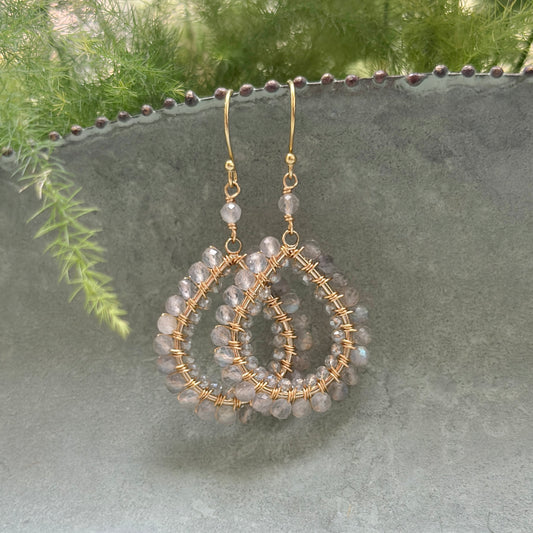 Grey Labradorite & Crystal Double Beaded Midi Teardrop Earrings