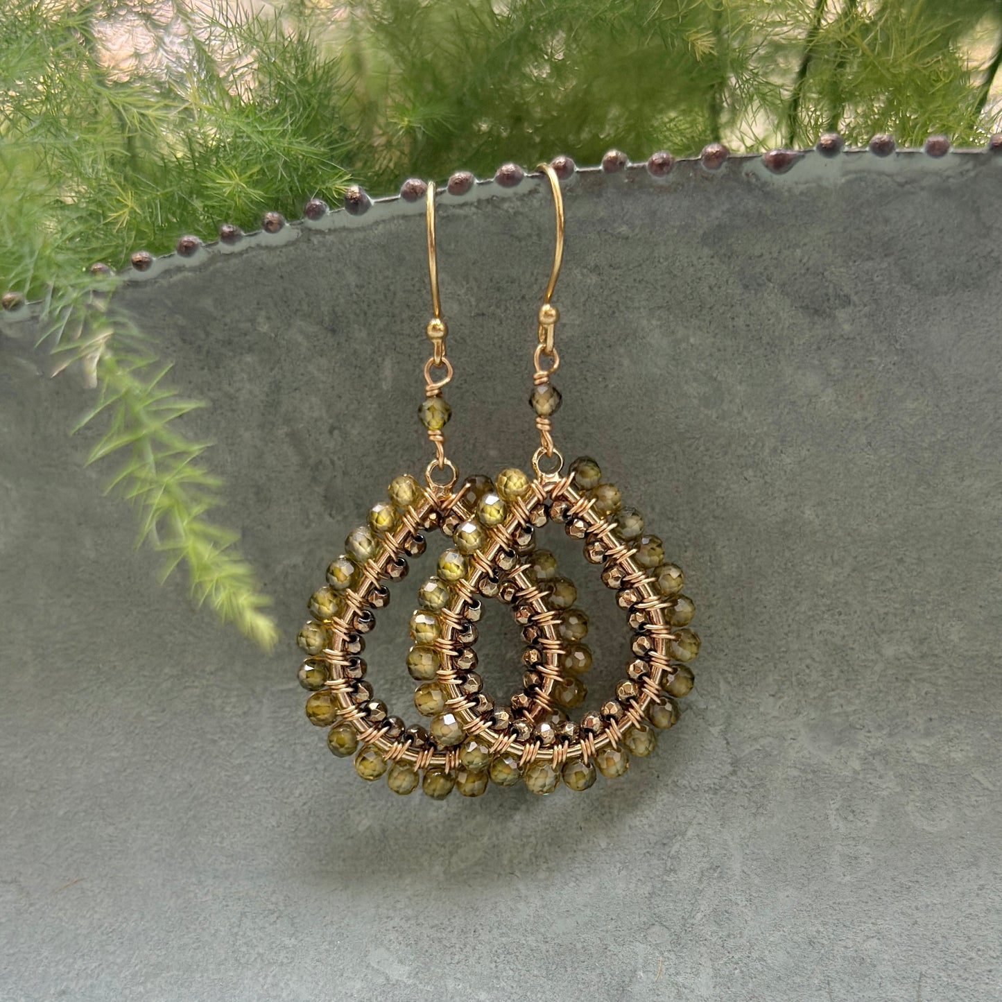 Olive Green Peridot & Bronze Pyrite Double Beaded Midi Teardrop Earrings