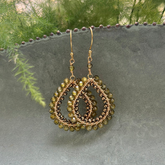 Olive Green Peridot & Bronze Pyrite Double Beaded Midi Teardrop Earrings