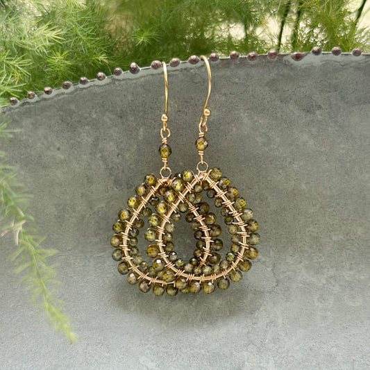 Olive Green Peridot Double Beaded Midi Teardrop Earrings