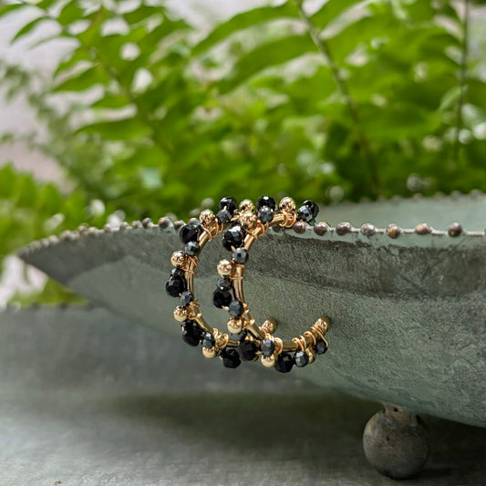*Black Onyx & Charcoal Hematite Mini Bobble Hoop Beaded Earrings