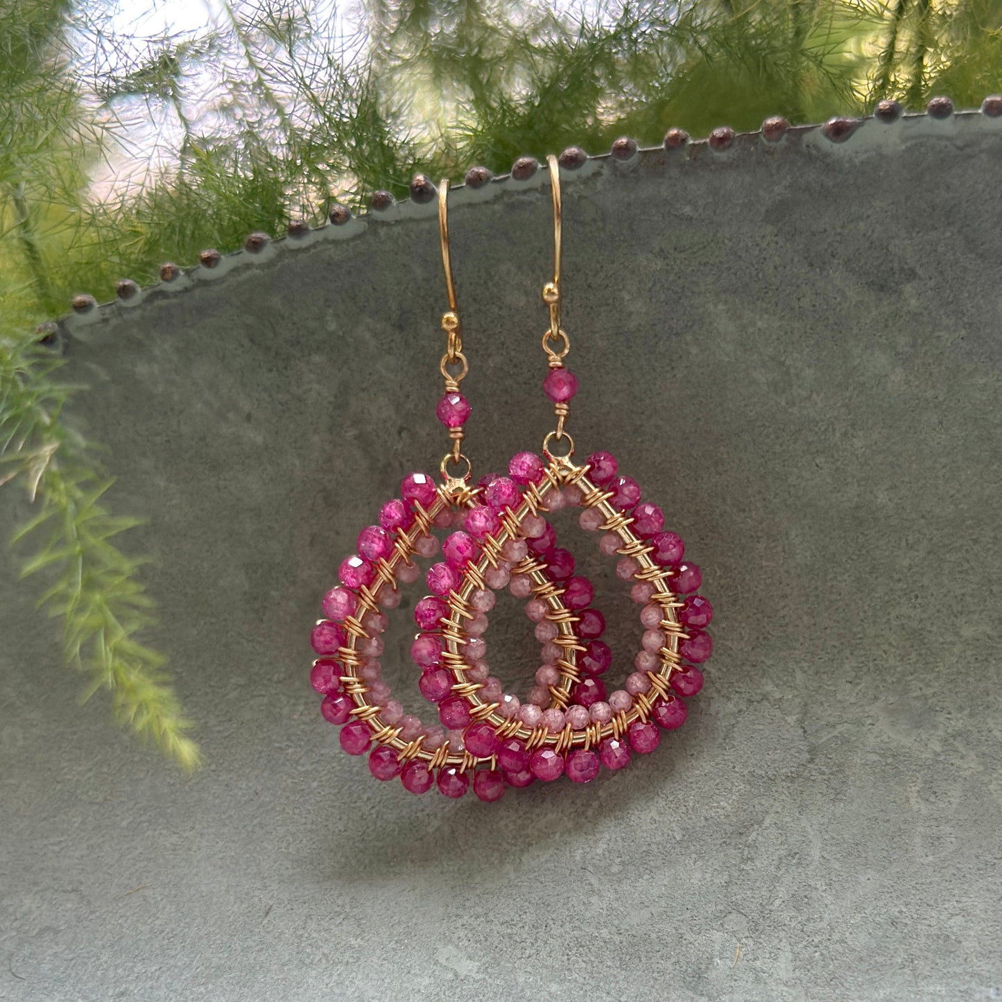 Magenta Pink & Pale Pink Garnet Double Beaded Midi Teardrop Earrings