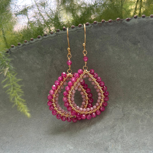 Magenta Pink & Pale Pink Garnet Double Beaded Midi Teardrop Earrings