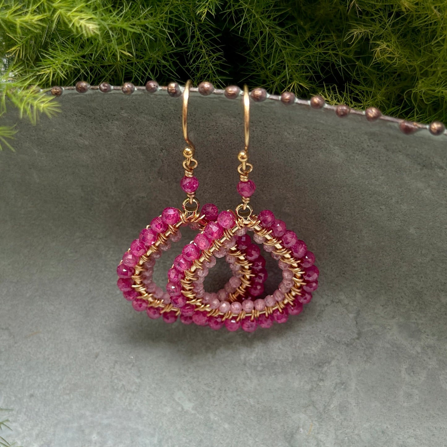 Magenta Pink & Pale Pink Garnet Double Beaded Midi Teardrop Earrings