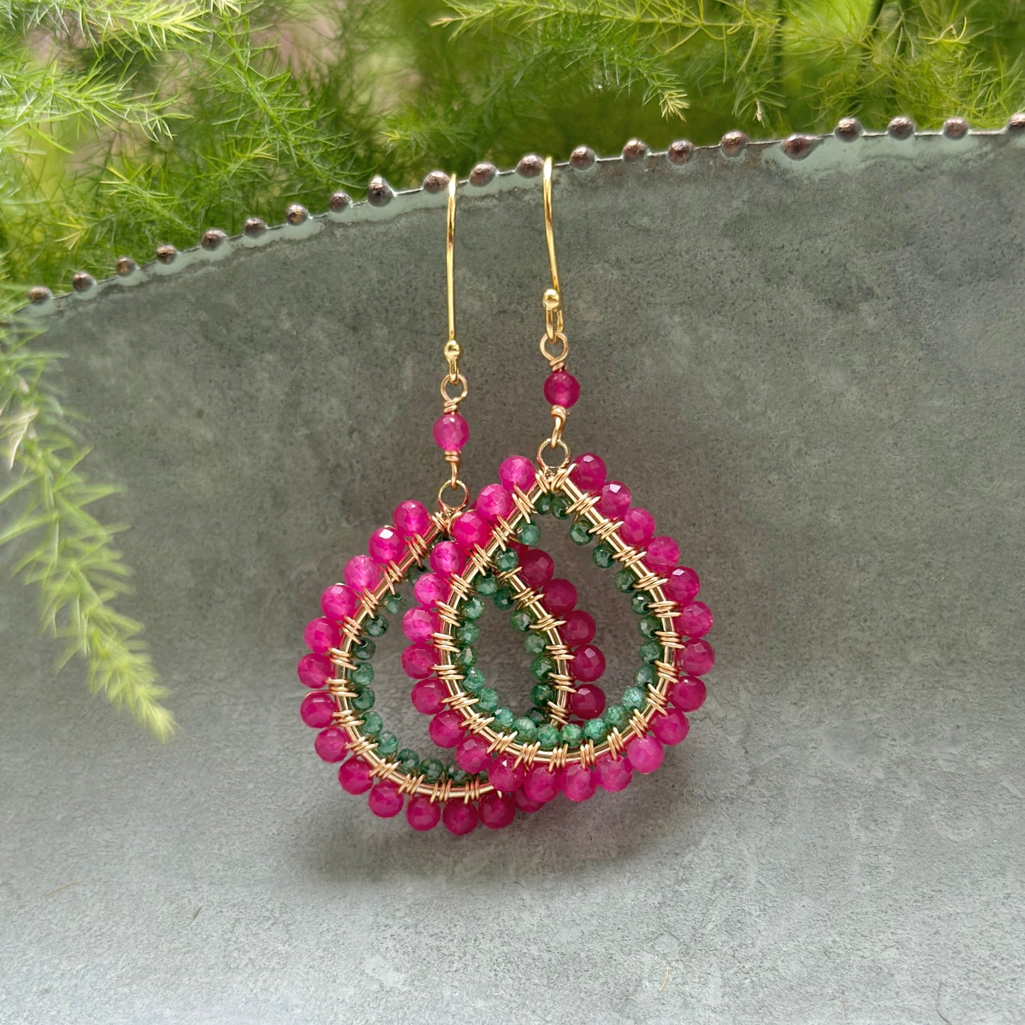 Magenta Pink & Apple Green Jade Double Beaded Midi Teardrop Earrings
