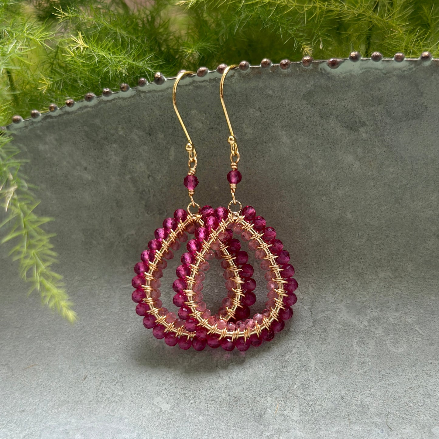 Fuchsia Pink & Candy Pink Garnet Double Beaded Midi Teardrop Earrings