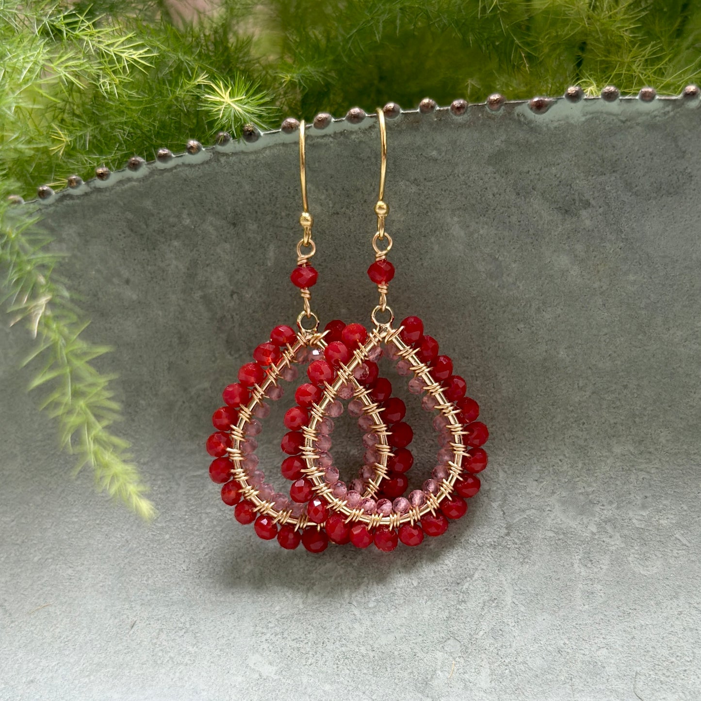Red Jade & Candy Pink Jade Double Beaded Midi Teardrop Earrings