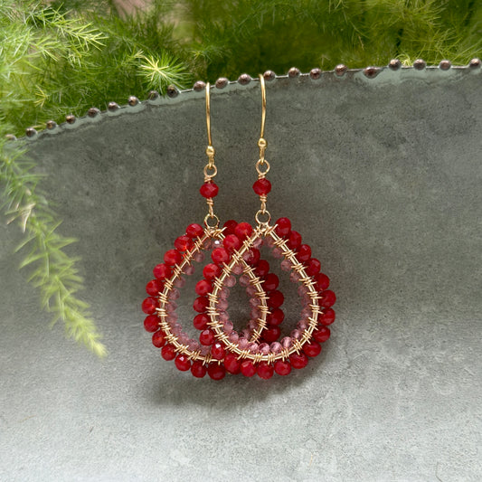 Red Jade & Candy Pink Jade Double Beaded Midi Teardrop Earrings