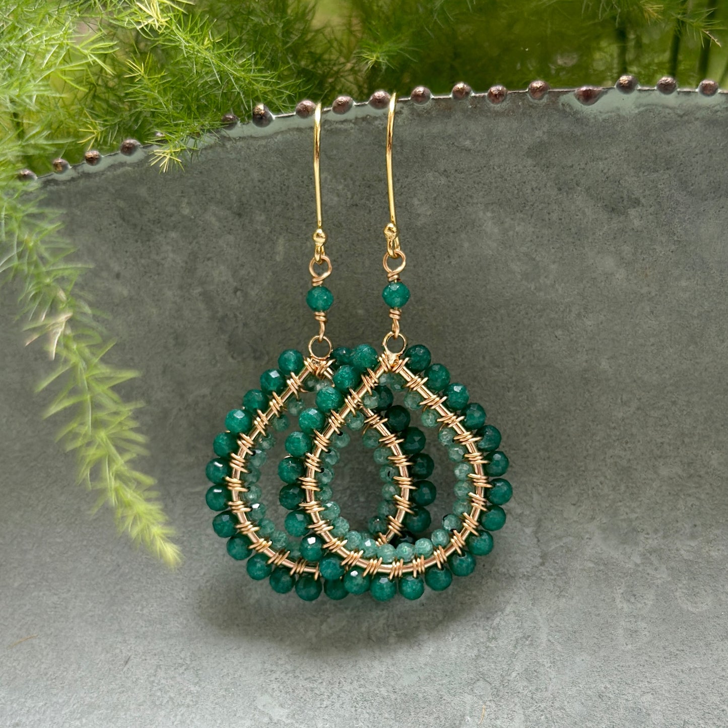 Mid Emerald Green & Mint Jade Double Beaded Midi Teardrop Earrings