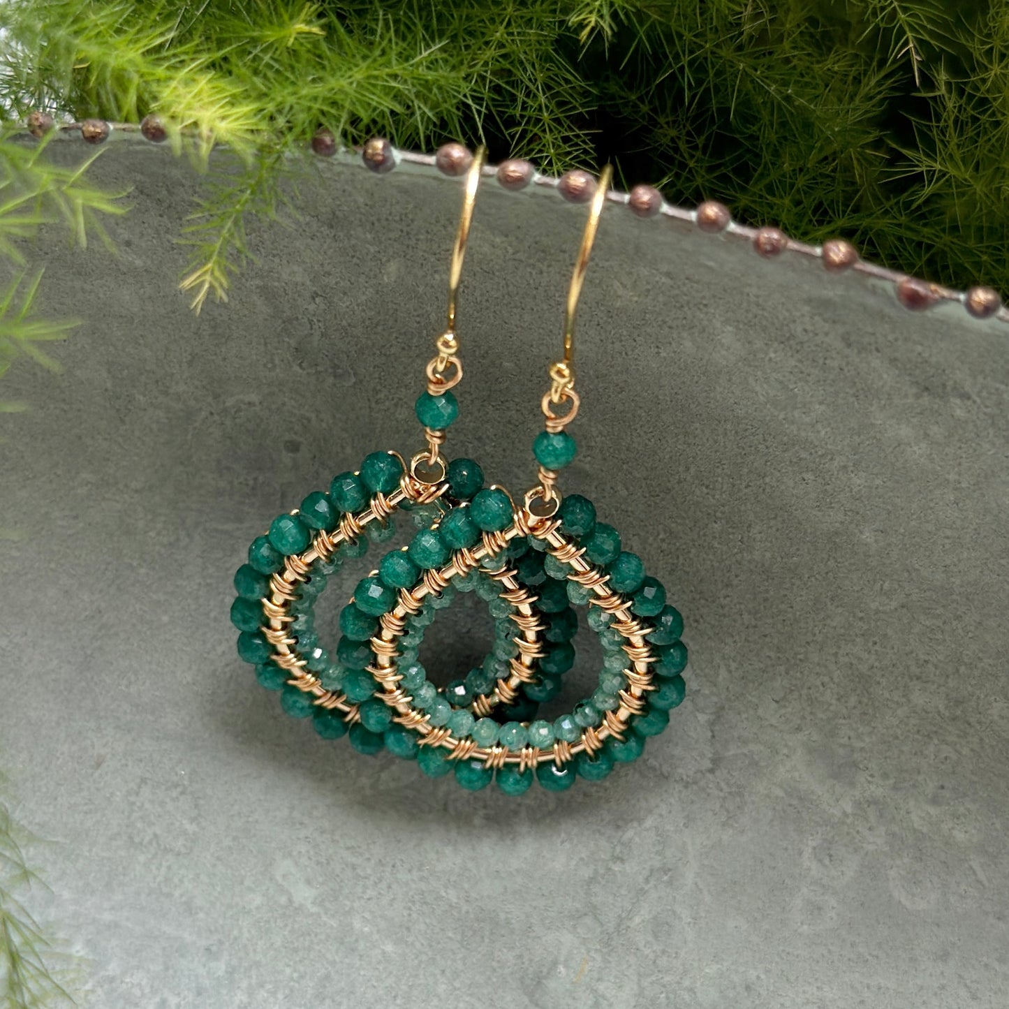 Mid Emerald Green & Mint Jade Double Beaded Midi Teardrop Earrings