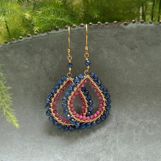 Royal Blue Azurite & Candy Pink Garnet Double Beaded Midi Teardrop Earrings